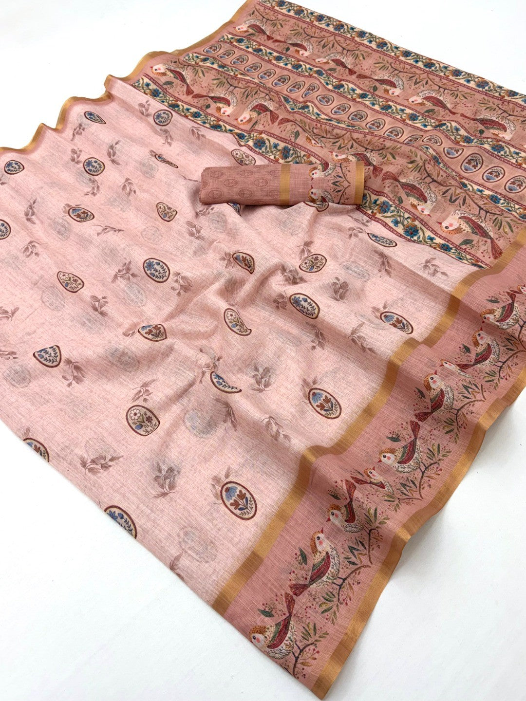 Elegant Peach Floral Digital Print Linen Cotton Saree With Rich Zari Weaving Border Work - Image 1