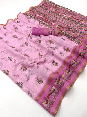 Elegant PInk Floral Digital Print Linen Cotton Saree With Rich Zari Weaving Border Work - Image 1