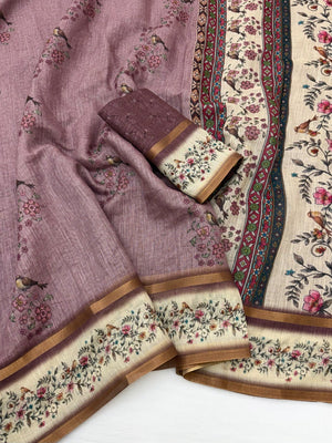 Graceful Mauve Floral Digital Print Linen Cotton Saree With Artistic Zari Border Work - Image 2