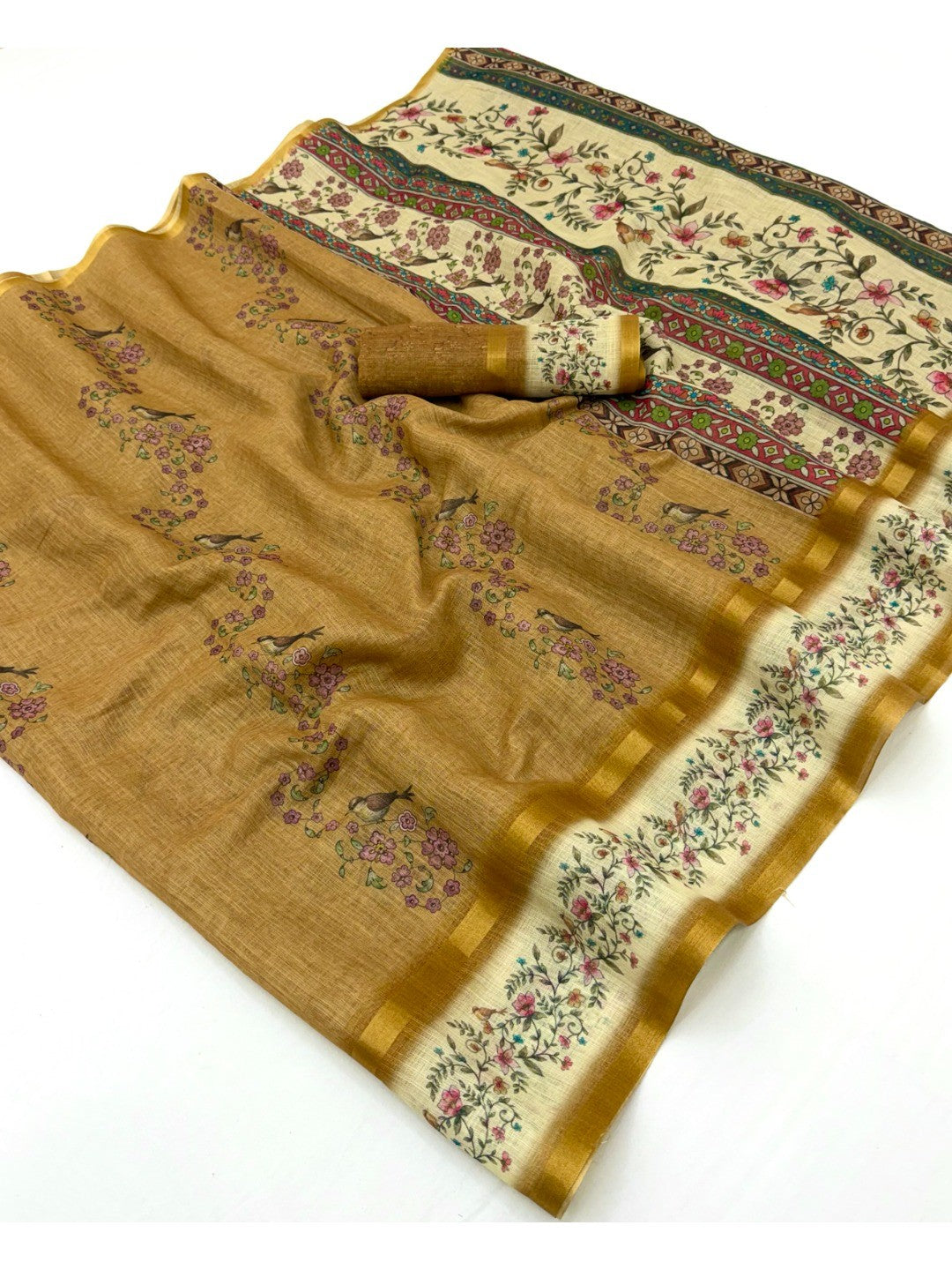 Graceful Dark Mustard Floral Digital Print Linen Cotton Saree With Artistic Zari Border Work - Image 1