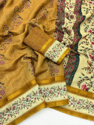 Graceful Dark Mustard Floral Digital Print Linen Cotton Saree With Artistic Zari Border Work - Image 2