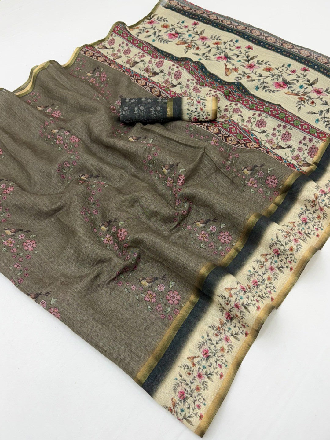 Graceful Grey Floral Digital Print Linen Cotton Saree With Artistic Zari Border Work - Image 1