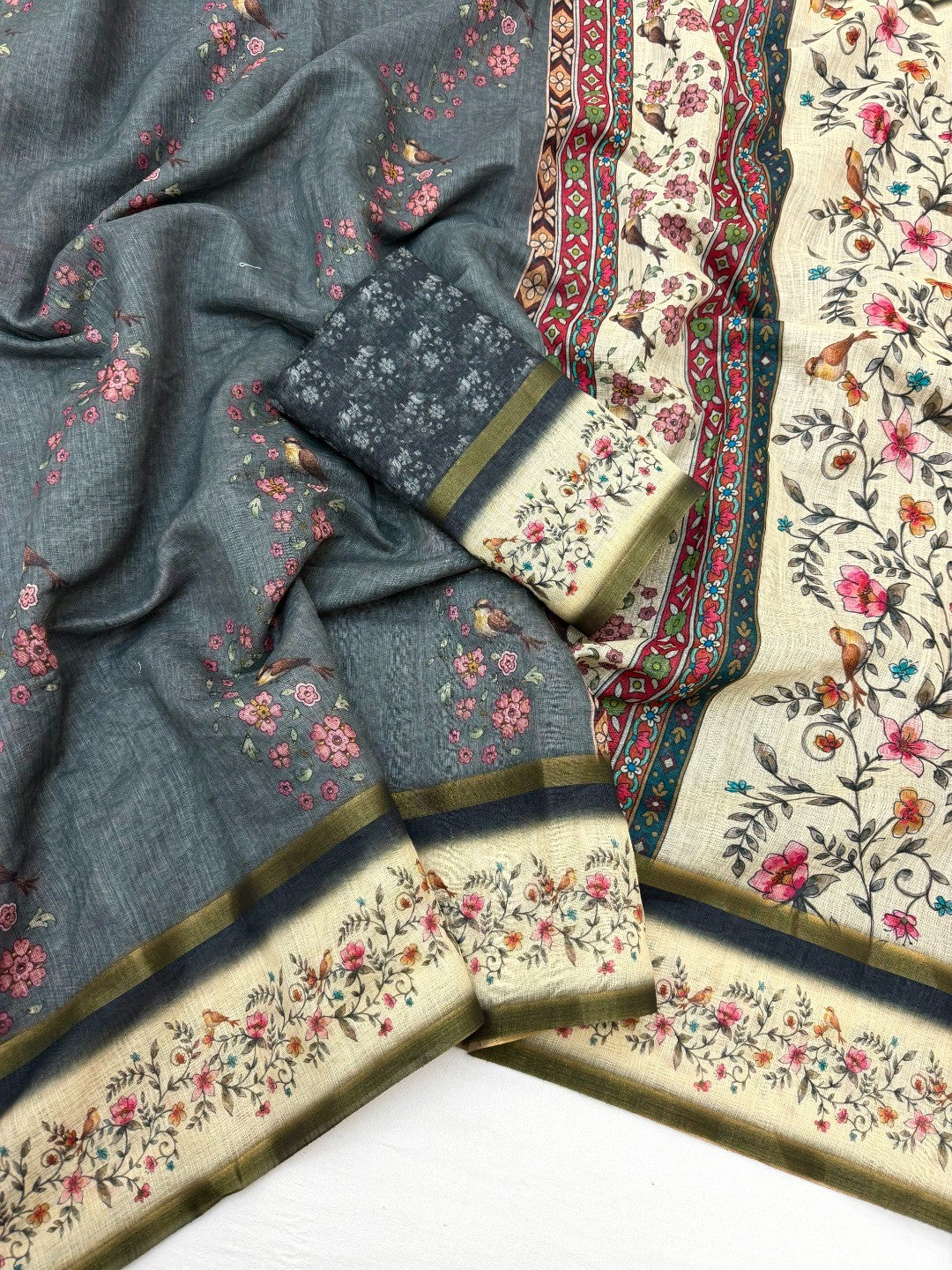 Graceful Slate Grey Floral Digital Print Linen Cotton Saree With Artistic Zari Border Work - Image 2