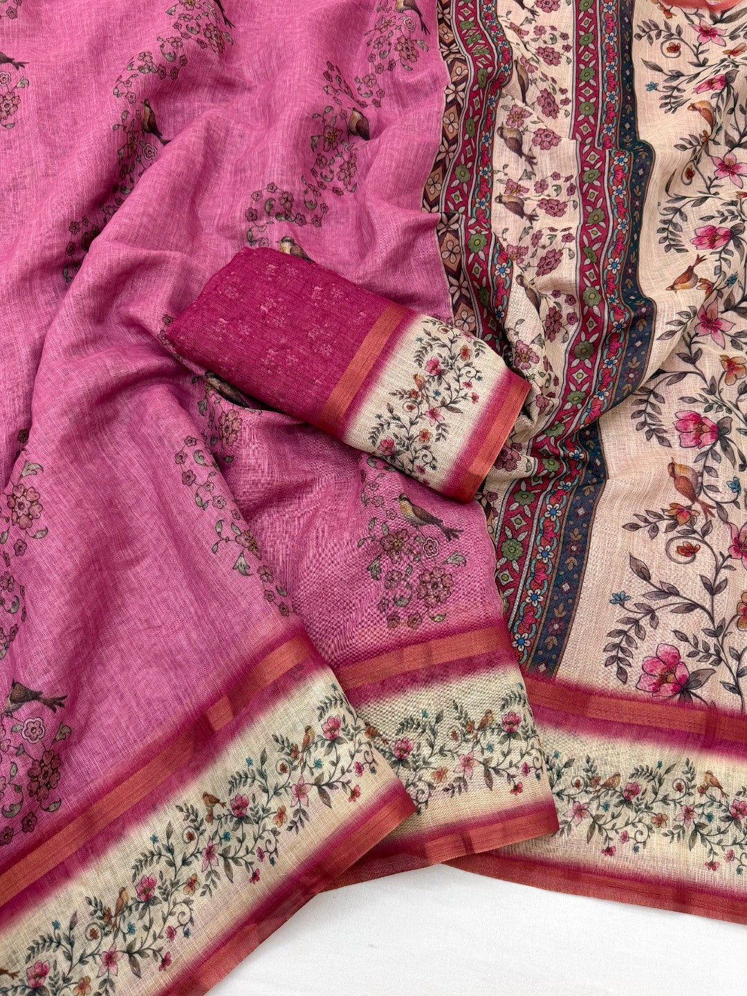 Graceful Pink Floral Digital Print Linen Cotton Saree With Artistic Zari Border Work - Image 2
