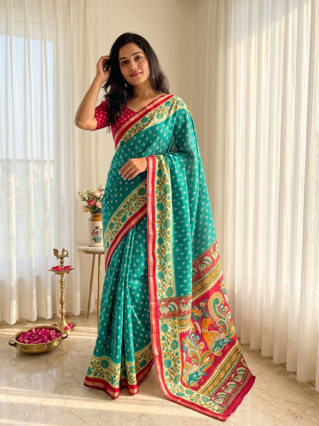 Rama Blue Viscose Saree with Fancy Print and Zari Border - Image 1