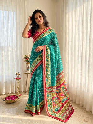 Rama Blue Viscose Saree with Fancy Print and Zari Border - Image 1