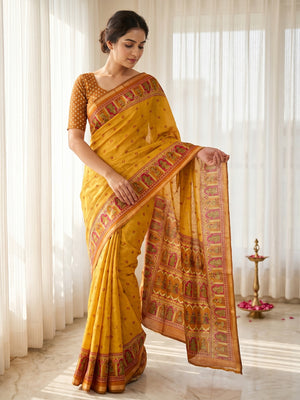 Graceful Yellow Viscose Saree with Ethnic Print and Golden Border - Image 1
