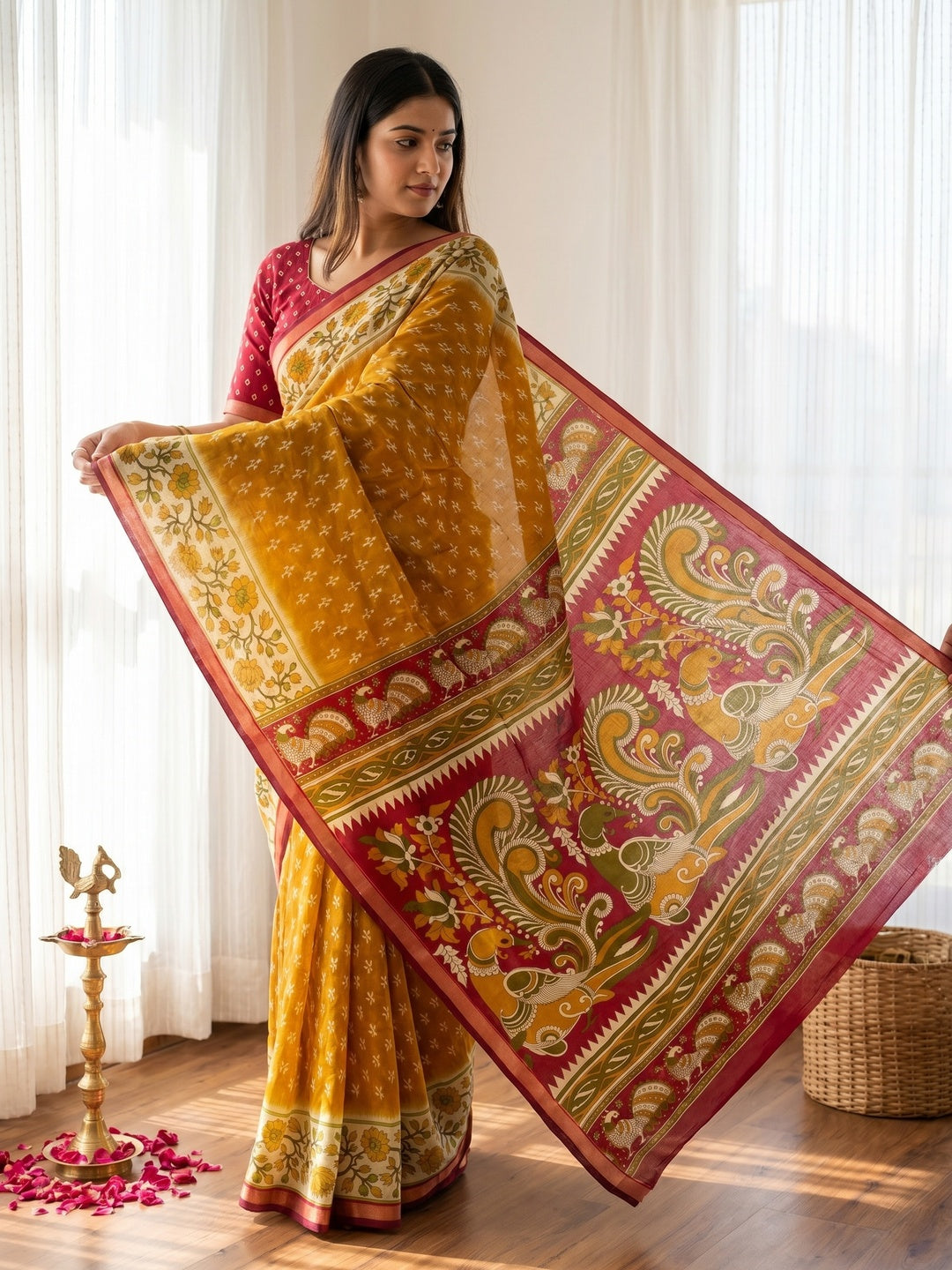 Mustard Viscose Saree with Traditional Fancy Print and Zari Work - Image 1