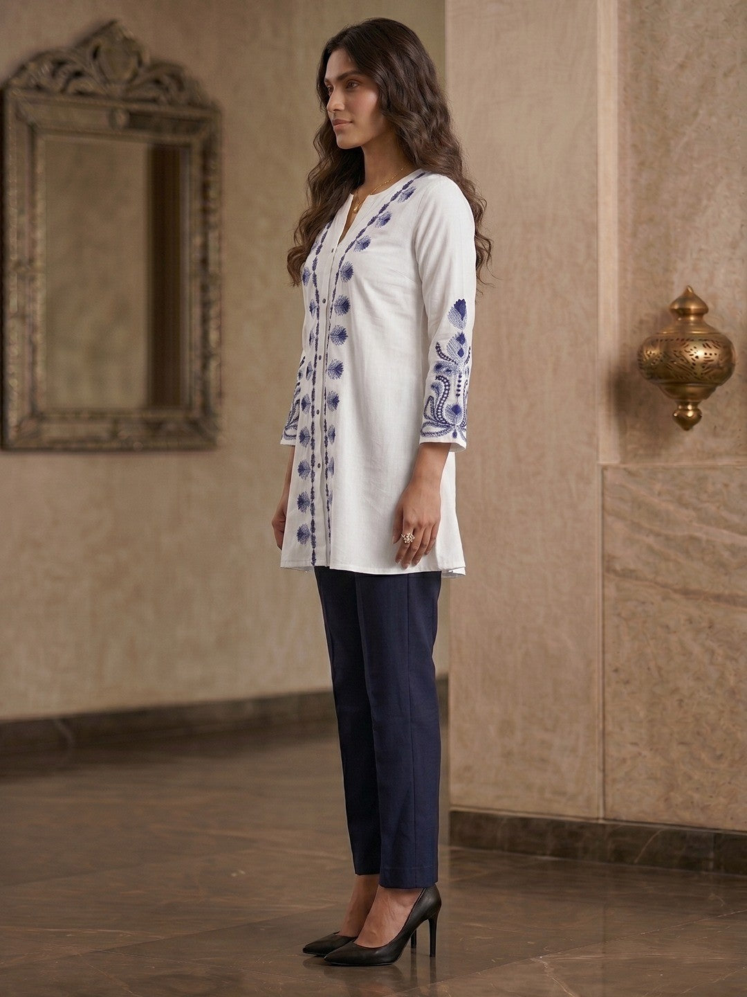 White Linen Thread Work Top Bottom Set Modern Minimal Ethnic Style - Image 2