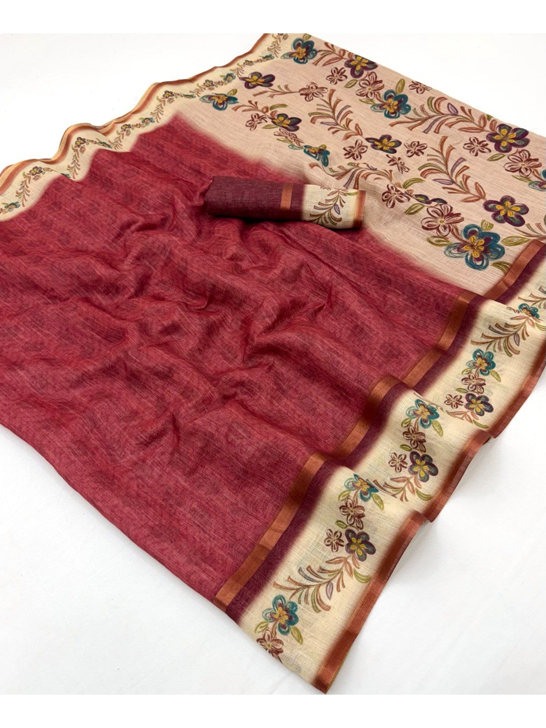 Blossom Grace Maroon Floral Digital Printed Linen Cotton Saree Featuring Zari Border Work - Image 1