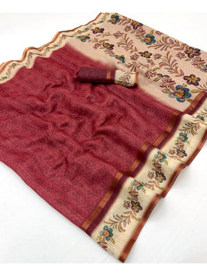 Blossom Grace Maroon Floral Digital Printed Linen Cotton Saree Featuring Zari Border Work - Image 1