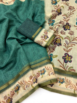 Blossom Grace Rama Green Floral Digital Printed Linen Cotton Saree Featuring Zari Border Work - Image 2