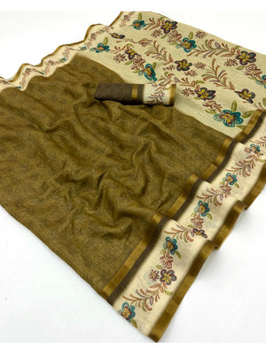 Blossom Grace Mehendi Green Floral Digital Printed Linen Cotton Saree Featuring Zari Border Work - Image 1