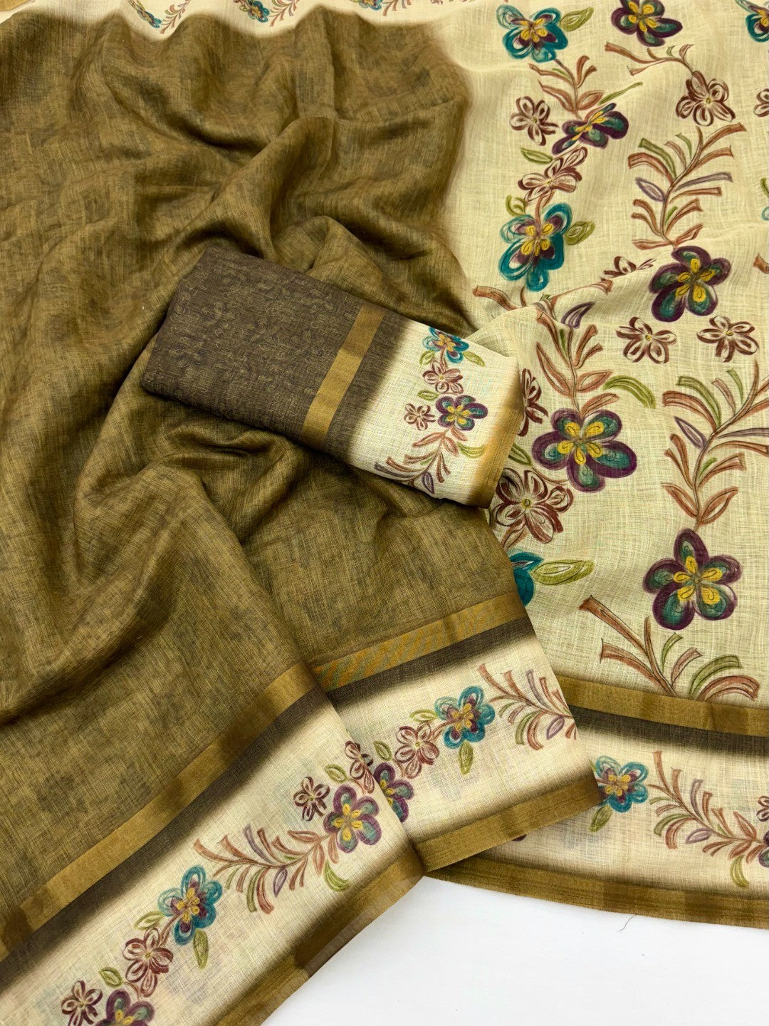 Blossom Grace Mehendi Green Floral Digital Printed Linen Cotton Saree Featuring Zari Border Work - Image 2