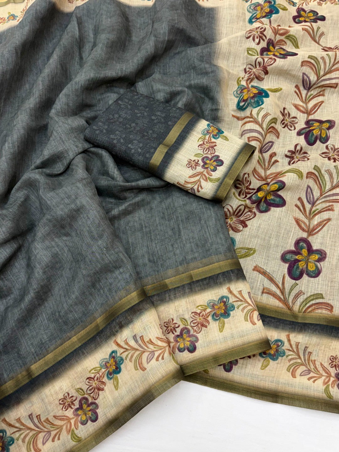 Blossom Grace Grey Floral Digital Printed Linen Cotton Saree Featuring Zari Border Work - Image 2