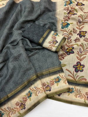 Blossom Grace Grey Floral Digital Printed Linen Cotton Saree Featuring Zari Border Work - Image 2