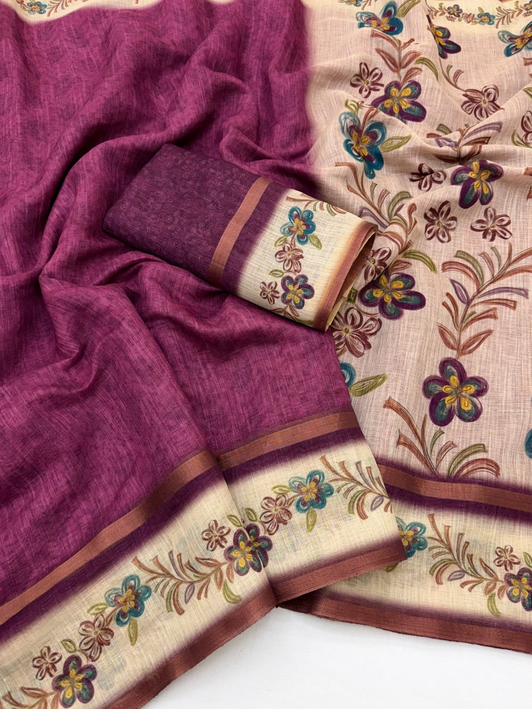 Blossom Grace Magenta Floral Digital Printed Linen Cotton Saree Featuring Zari Border Work - Image 2