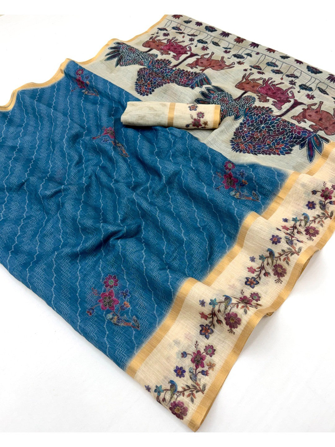 Charming Blue Floral Digital Printed Linen Saree With Intricate Zari Weaving Work - Image 1