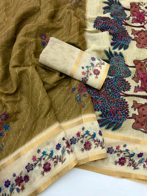 Charming Dark Mustard Floral Digital Printed Linen Saree With Intricate Zari Weaving Work - Image 2