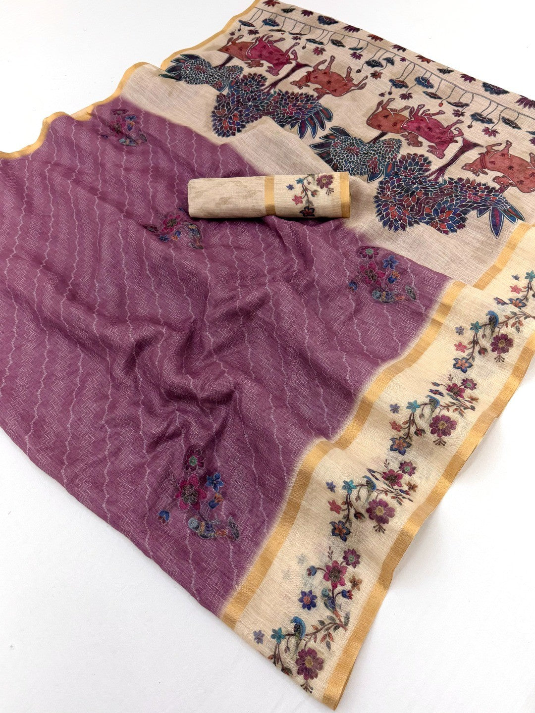 Charming Mavue Floral Digital Printed Linen Saree With Intricate Zari Weaving Work - Image 1