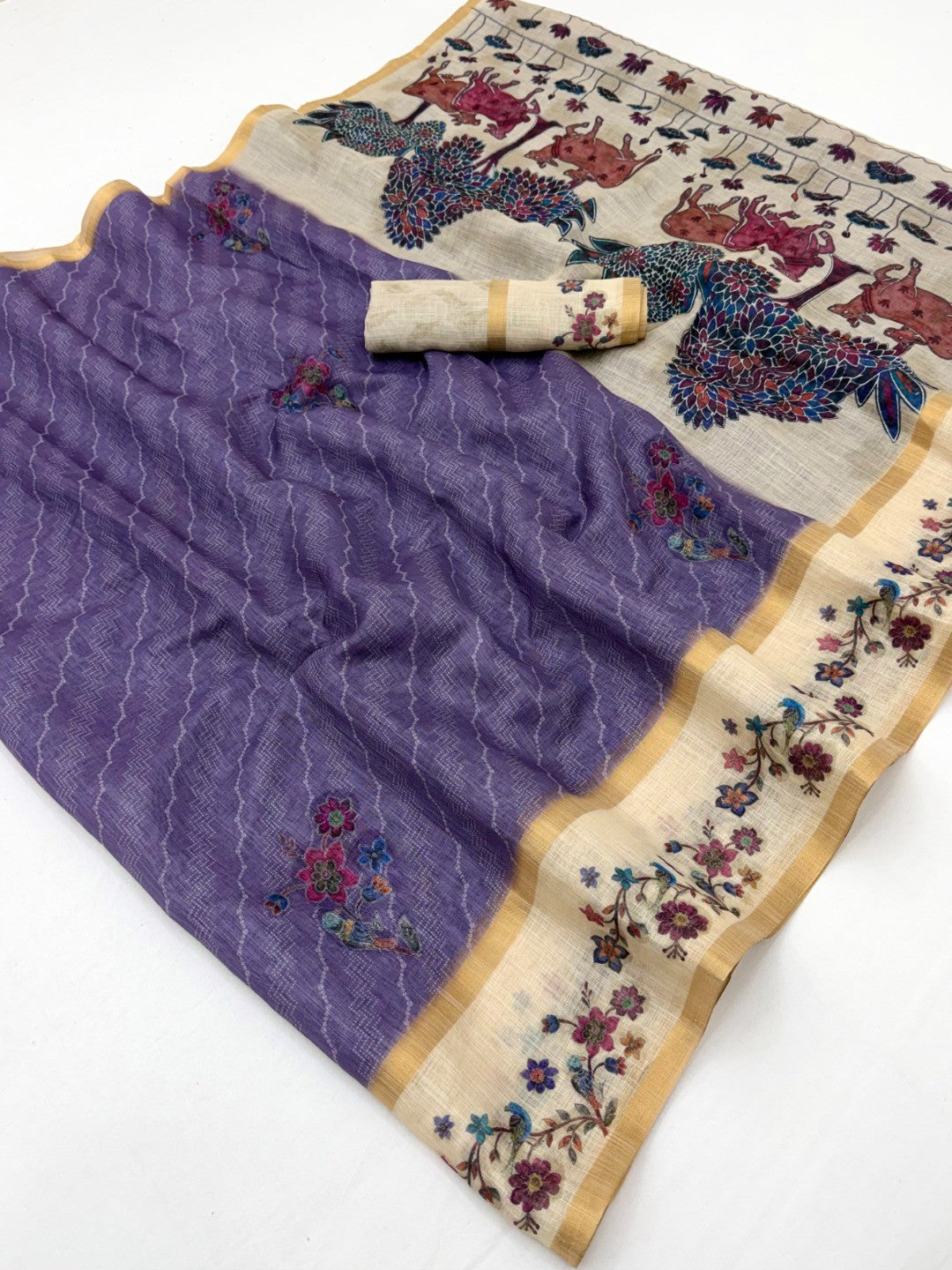 Charming Lavender Floral Digital Printed Linen Saree With Intricate Zari Weaving Work - Image 1