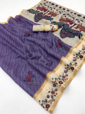 Charming Lavender Floral Digital Printed Linen Saree With Intricate Zari Weaving Work - Image 1