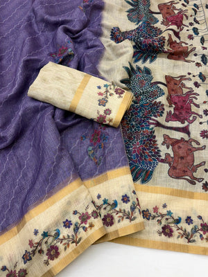 Charming Lavender Floral Digital Printed Linen Saree With Intricate Zari Weaving Work - Image 2