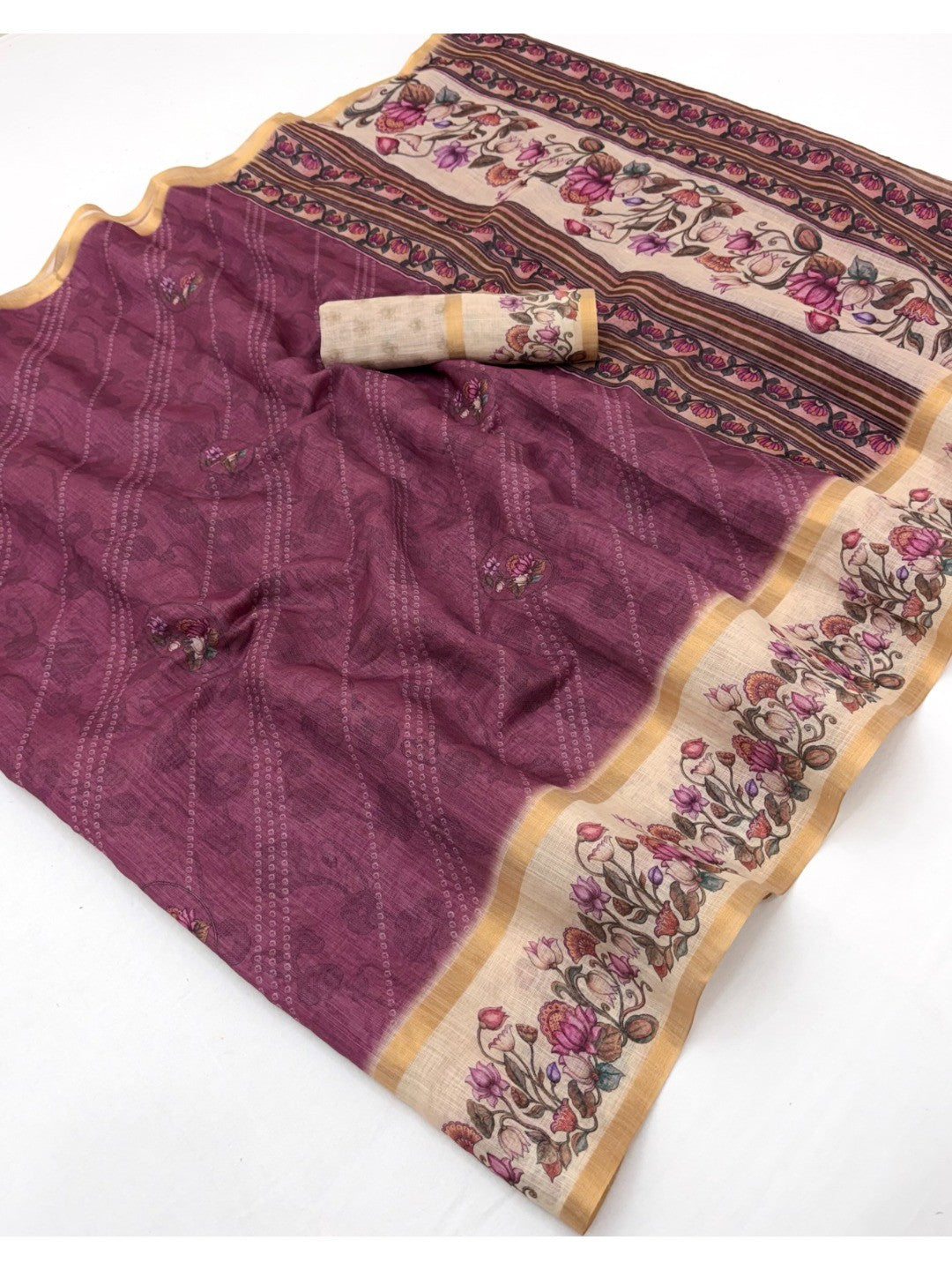 Classic Wine Floral & Bandhani Digital Printed Linen Cotton Saree With Zari Border - Image 1