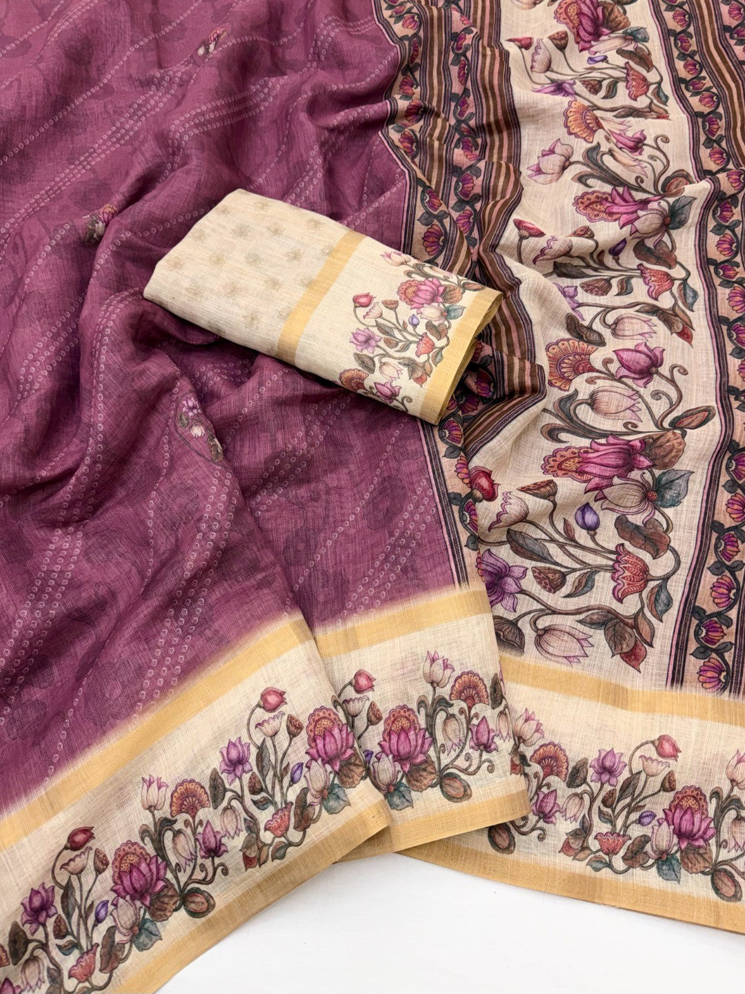 Classic Wine Floral & Bandhani Digital Printed Linen Cotton Saree With Zari Border - Image 2