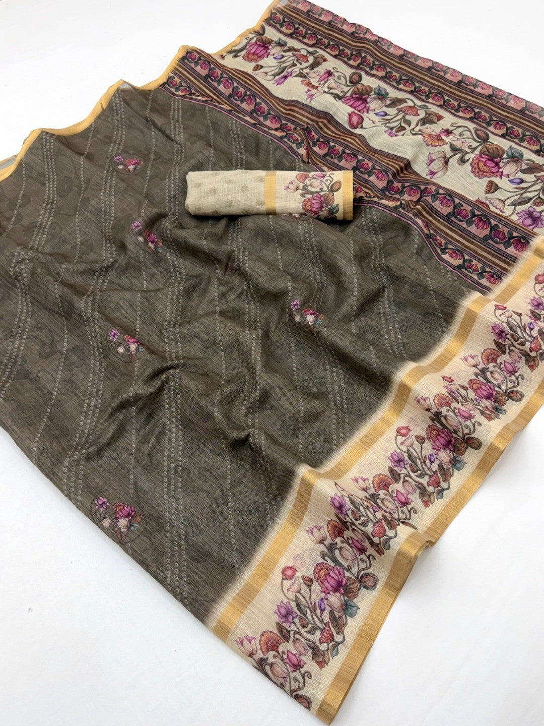 Classic Taupe Grey Floral & Bandhani Digital Printed Linen Cotton Saree With Zari Border - Image 1