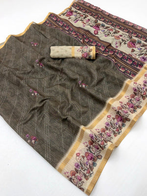 Classic Taupe Grey Floral & Bandhani Digital Printed Linen Cotton Saree With Zari Border - Image 1