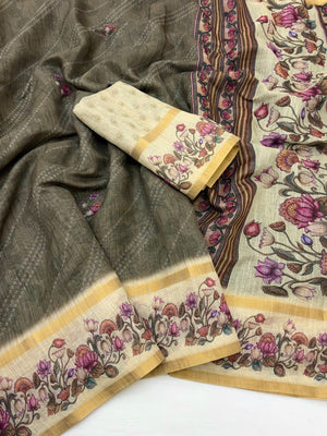 Classic Taupe Grey Floral & Bandhani Digital Printed Linen Cotton Saree With Zari Border - Image 2
