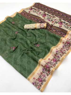 Classic Green Floral & Bandhani Digital Printed Linen Cotton Saree With Zari Border - Image 1