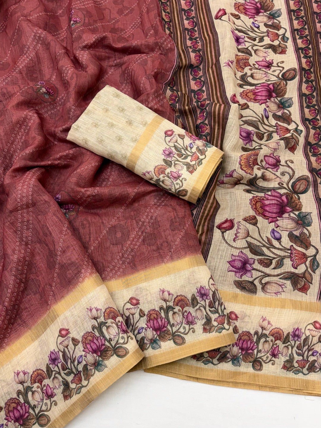 Classic Brick Red Floral & Bandhani Digital Printed Linen Cotton Saree With Zari Border - Image 2