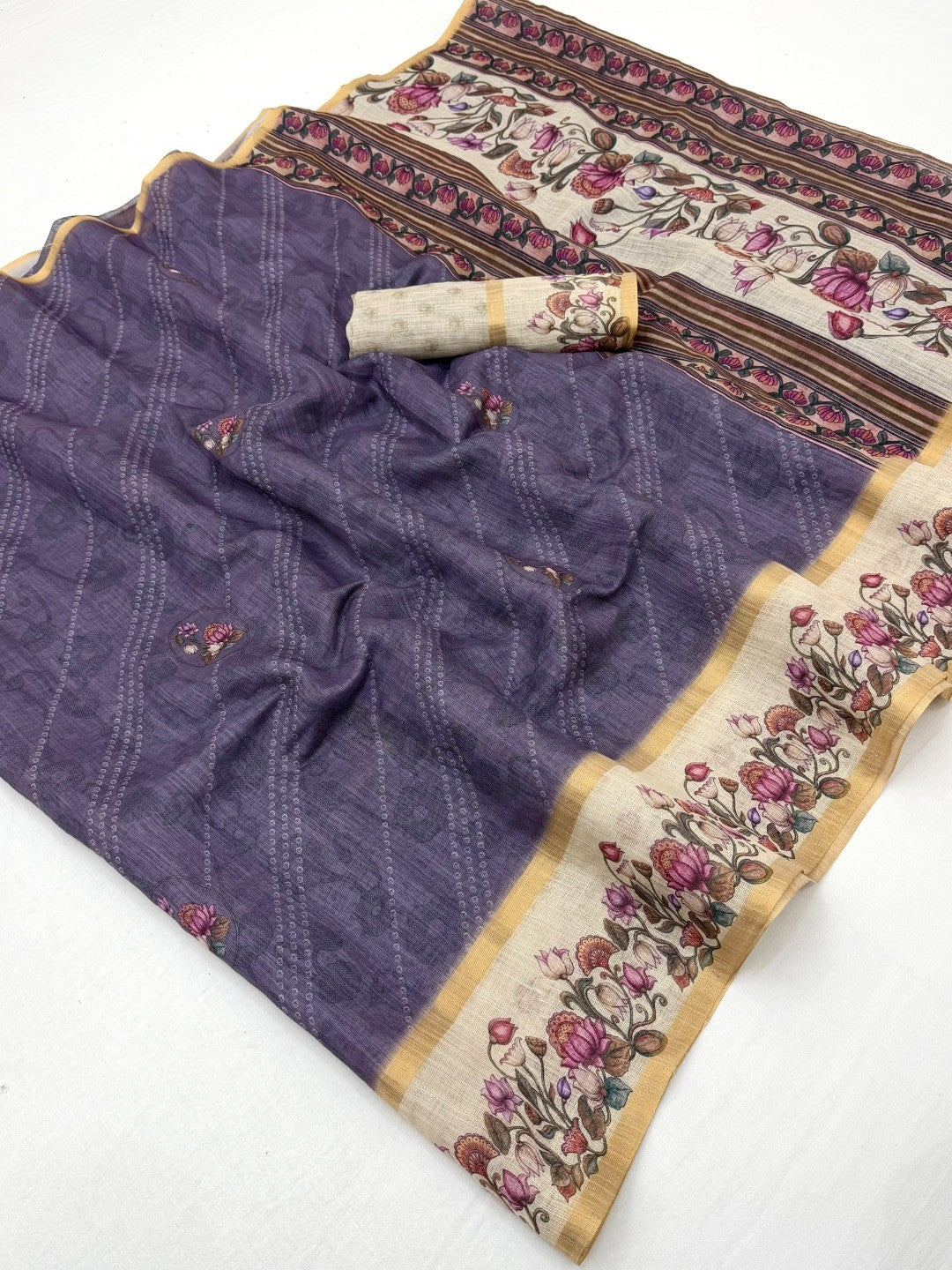 Classic Lavender Floral & Bandhani Digital Printed Linen Cotton Saree With Zari Border - Image 1