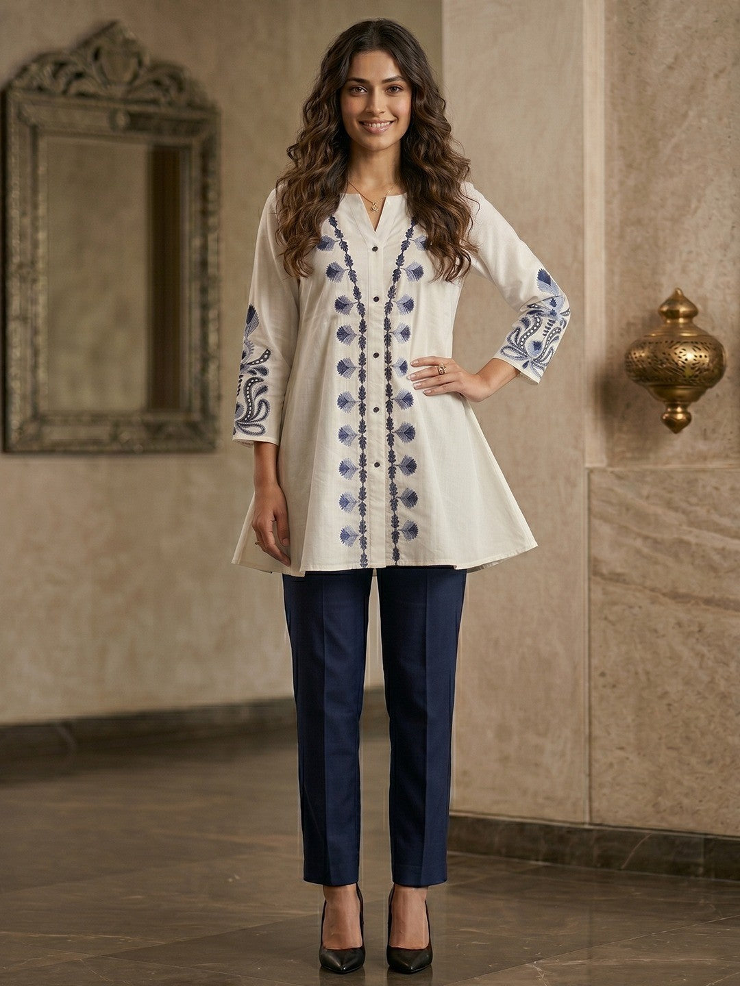 White Linen Thread Work Top Bottom Set Modern Minimal Ethnic Style - Image 1