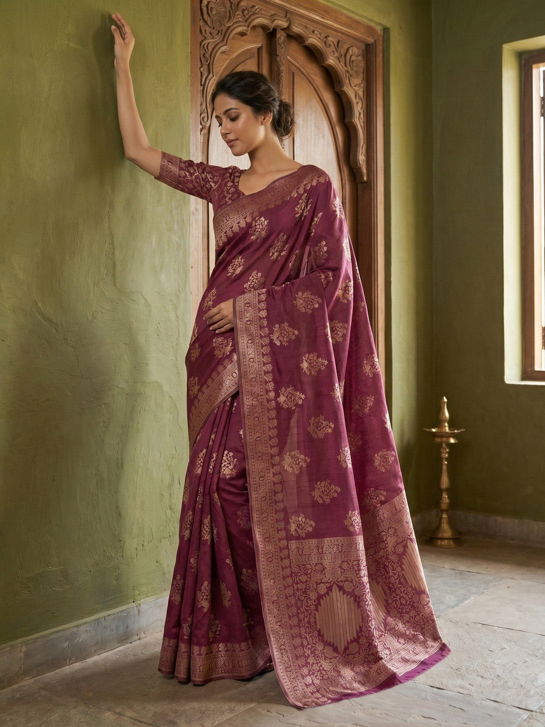 Stylish Wine Crepe Saree with Floral Zari Work Elegant Occasion Wear - Image 1