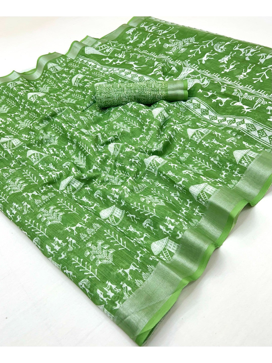 Traditional Green Warli Tribal Digital Print Linen Cotton Saree Embellished With Zari Border - Image 1