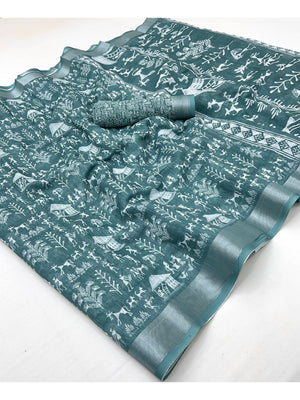 Traditional Sage Blue Warli Tribal Digital Print Linen Cotton Saree Embellished With Zari Border - Image 1