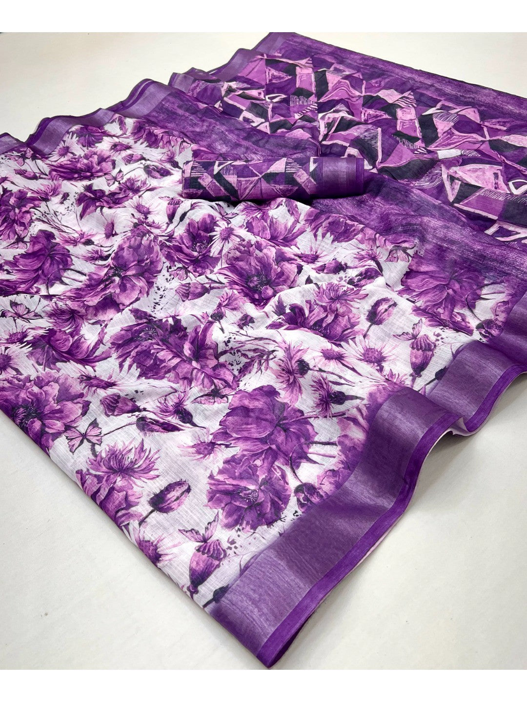 Charming Violet Floral Digital Print Linen Cotton Saree With Luxe Zari Weaving Border - Image 2
