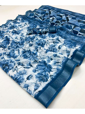 Charming Blue Floral Digital Print Linen Cotton Saree With Luxe Zari Weaving Border With Unstitched Linen Cotton Blouse Peice - Image 2