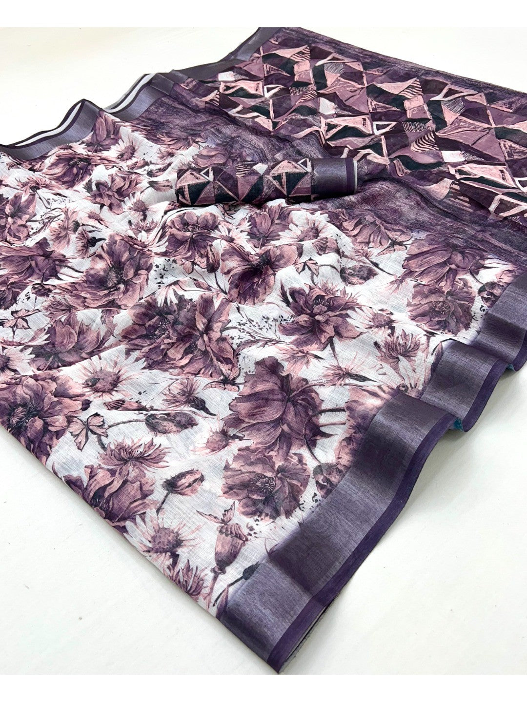 Charming Wine Floral Digital Print Linen Cotton Saree With Luxe Zari Weaving Border - Image 2