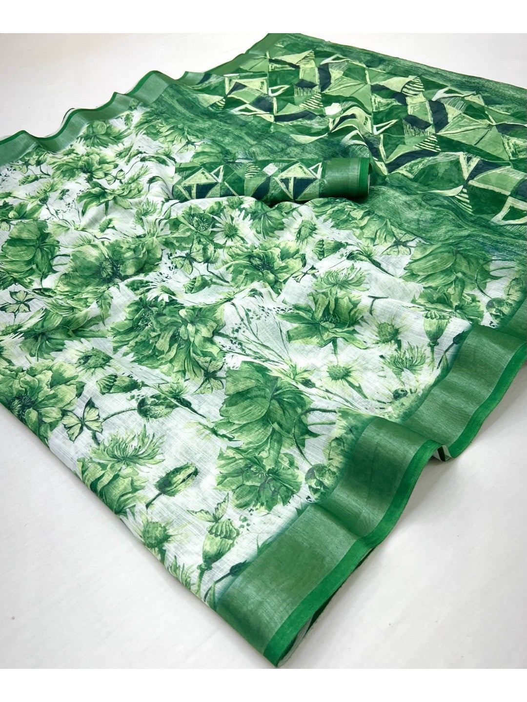 Charming Green Floral Digital Print Linen Cotton Saree With Luxe Zari Weaving Border - Image 2