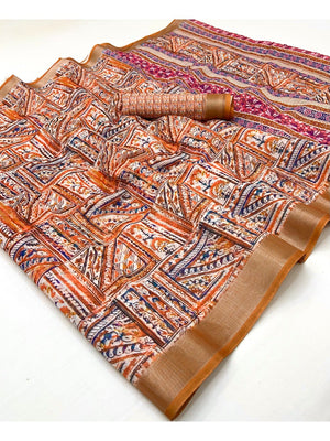 Traditional Rust Orange Folk Art Digital Printed Linen Cotton Saree With Elegant Zari Border - Image 1