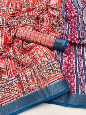 Traditional Red Folk Art Digital Printed Linen Cotton Saree With Elegant Zari Border - Image 2