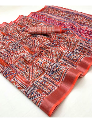 Traditional Coral Red Folk Art Digital Printed Linen Cotton Saree With Elegant Zari Border - Image 1