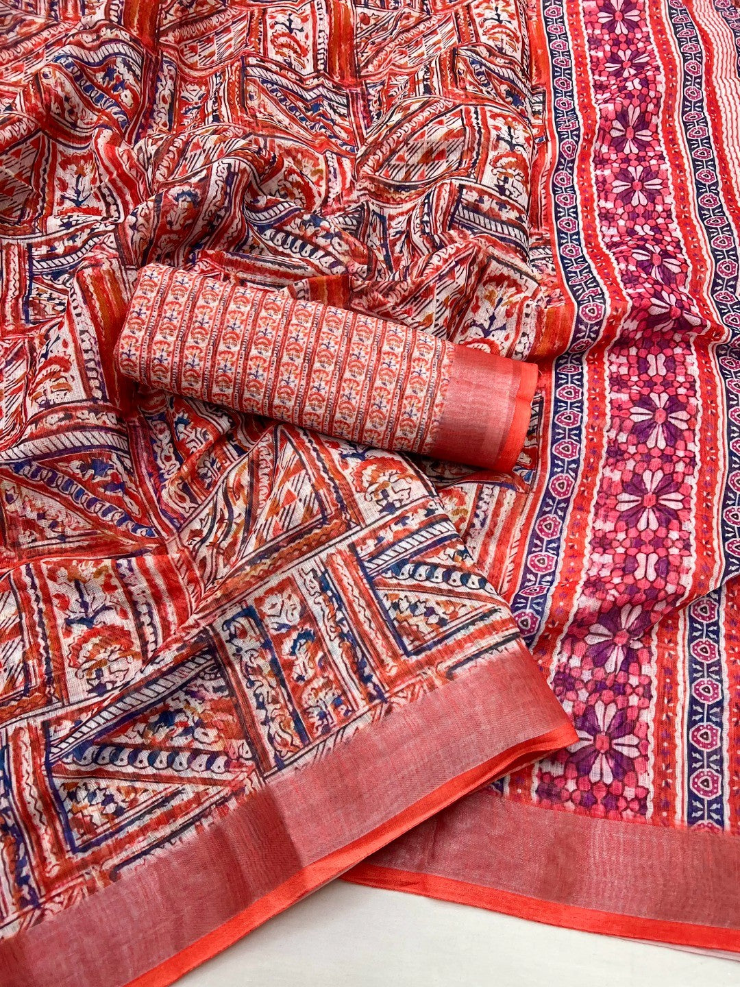 Traditional Coral Red Folk Art Digital Printed Linen Cotton Saree With Elegant Zari Border - Image 2