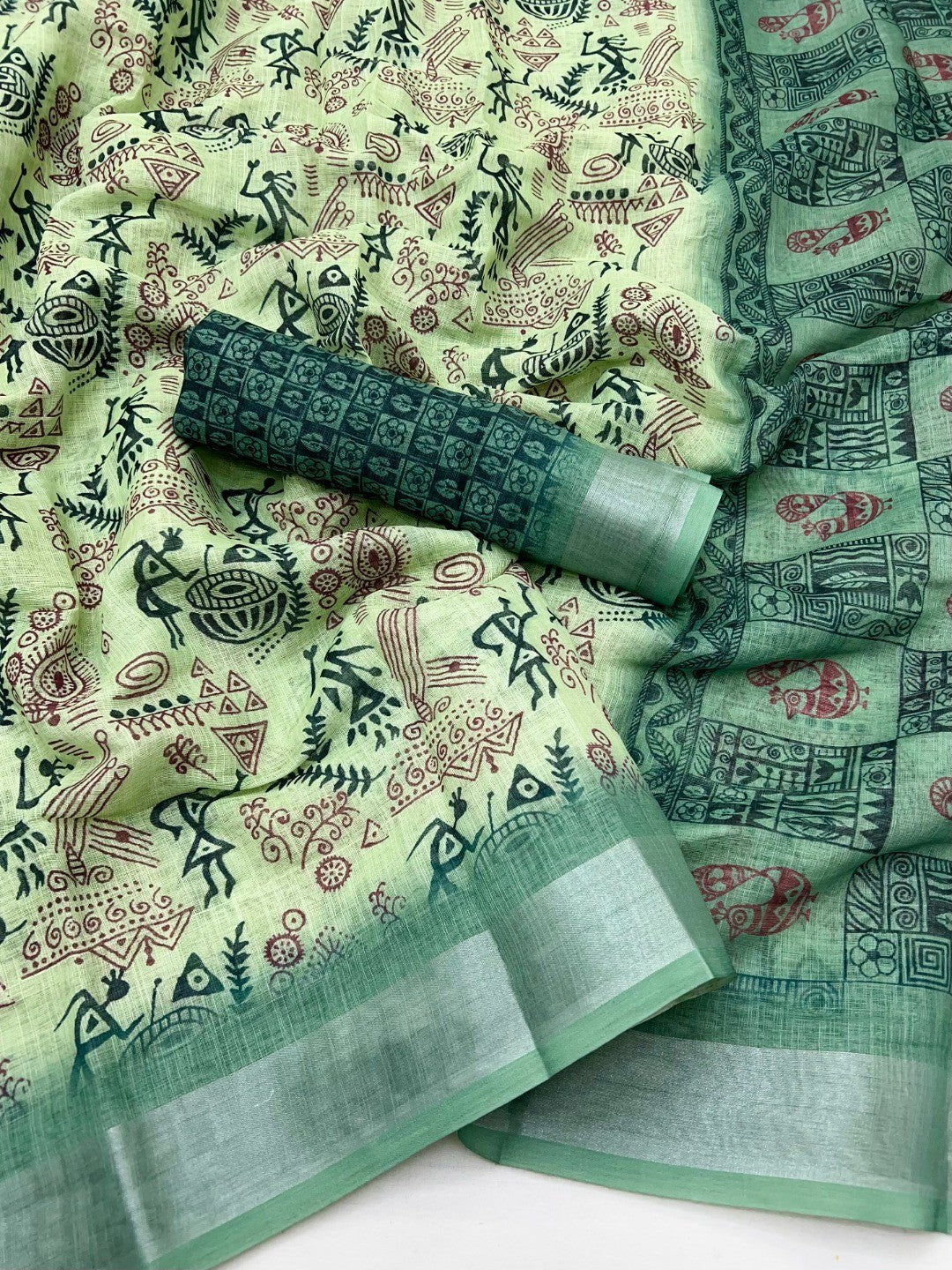 Classic Mint Green Warli Tribal Art Digital Printed Linen Cotton Saree With Zari Border - Image 3
