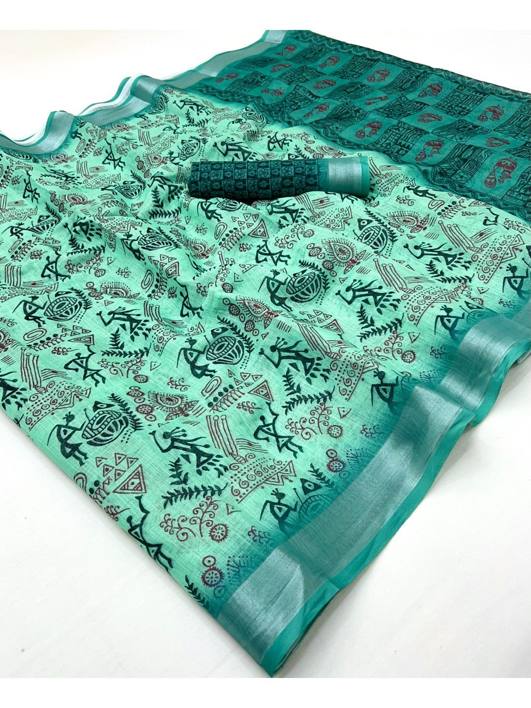 Classic Turquoise Warli Tribal Art Digital Printed Linen Cotton Saree With Zari Border - Image 2