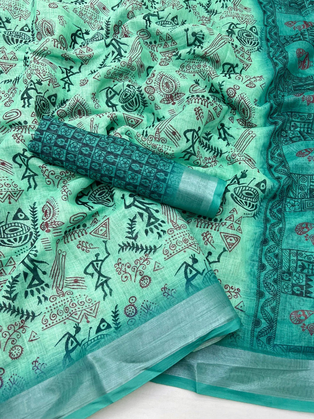 Classic Turquoise Warli Tribal Art Digital Printed Linen Cotton Saree With Zari Border - Image 3